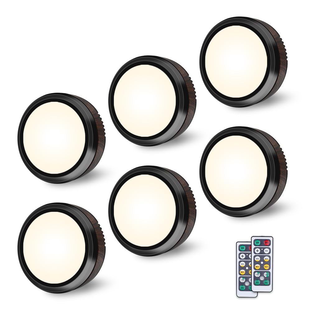 Oak & Coral | Leastyle Remote Control LED Puck Light, Dimmable Battery-Powered Under Cabinet Light - 6 Pack Natural White