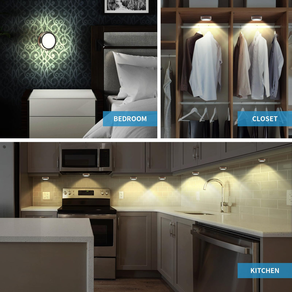 Oak & Coral | Leastyle Remote Control LED Puck Light, Dimmable Battery-Powered Under Cabinet Light - 6 Pack Natural White