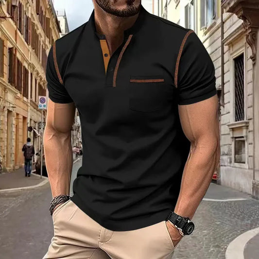 Oak & Coral | Men's Band Collar Polo Shirt with Contrast Stitching