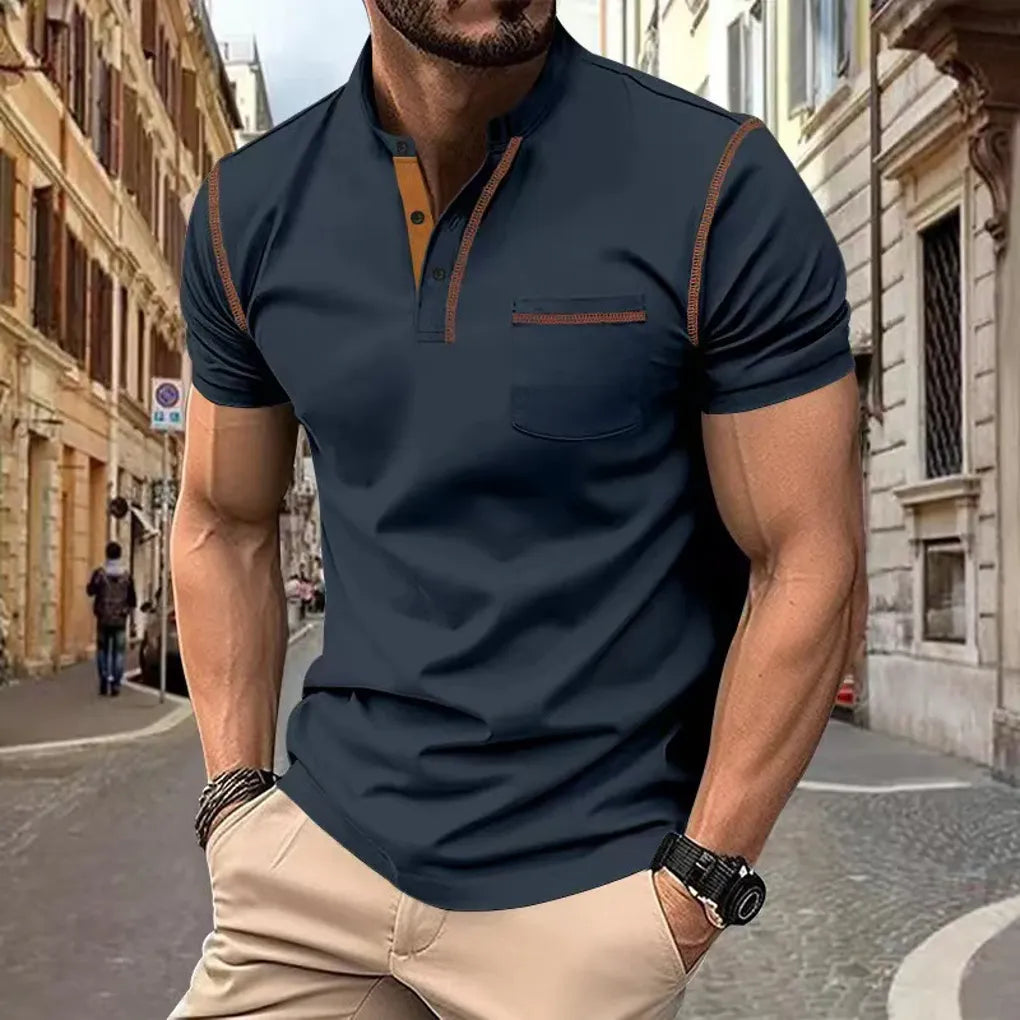 Oak & Coral | Men's Band Collar Polo Shirt with Contrast Stitching