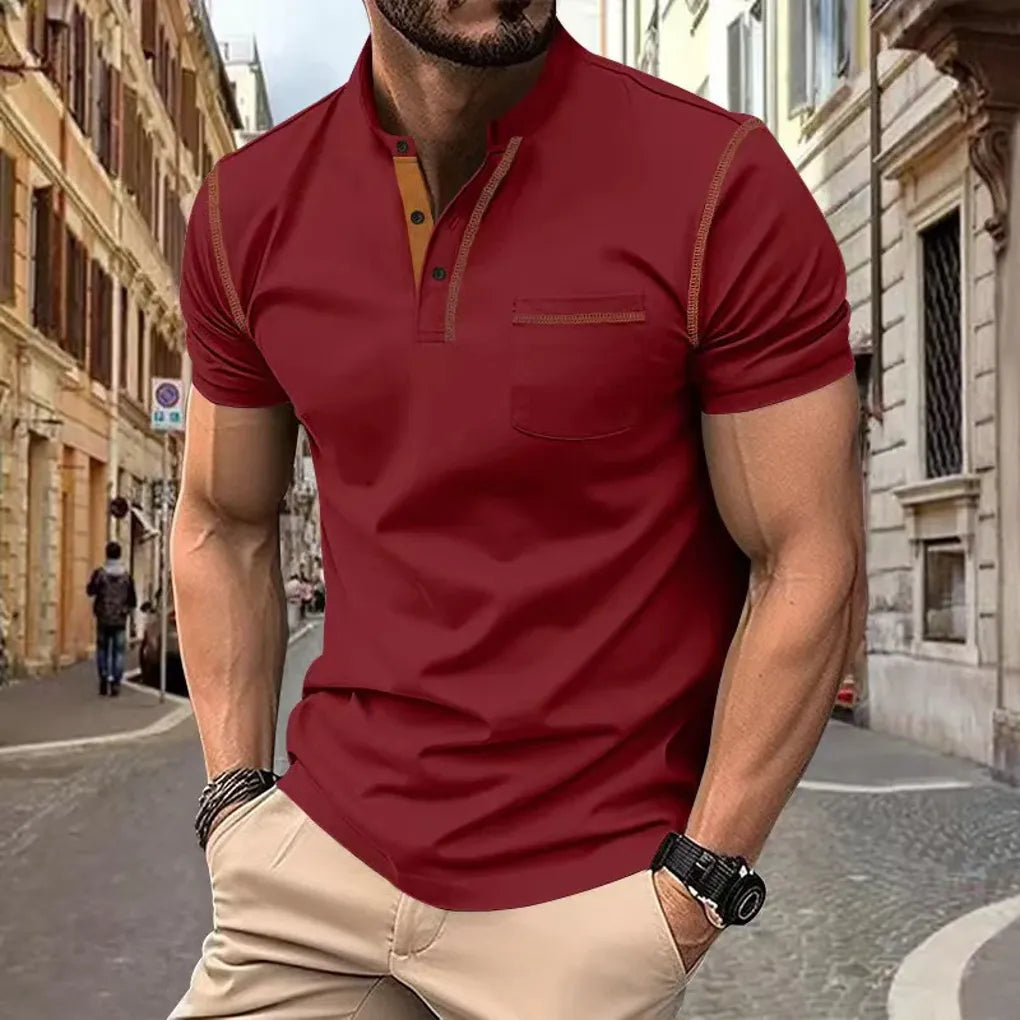 Oak & Coral | Men's Band Collar Polo Shirt with Contrast Stitching