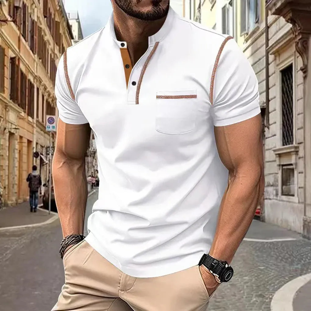 Oak & Coral | Men's Band Collar Polo Shirt with Contrast Stitching