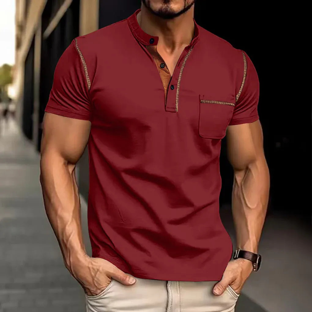 Oak & Coral | Men's Band Collar Polo Shirt with Contrast Stitching