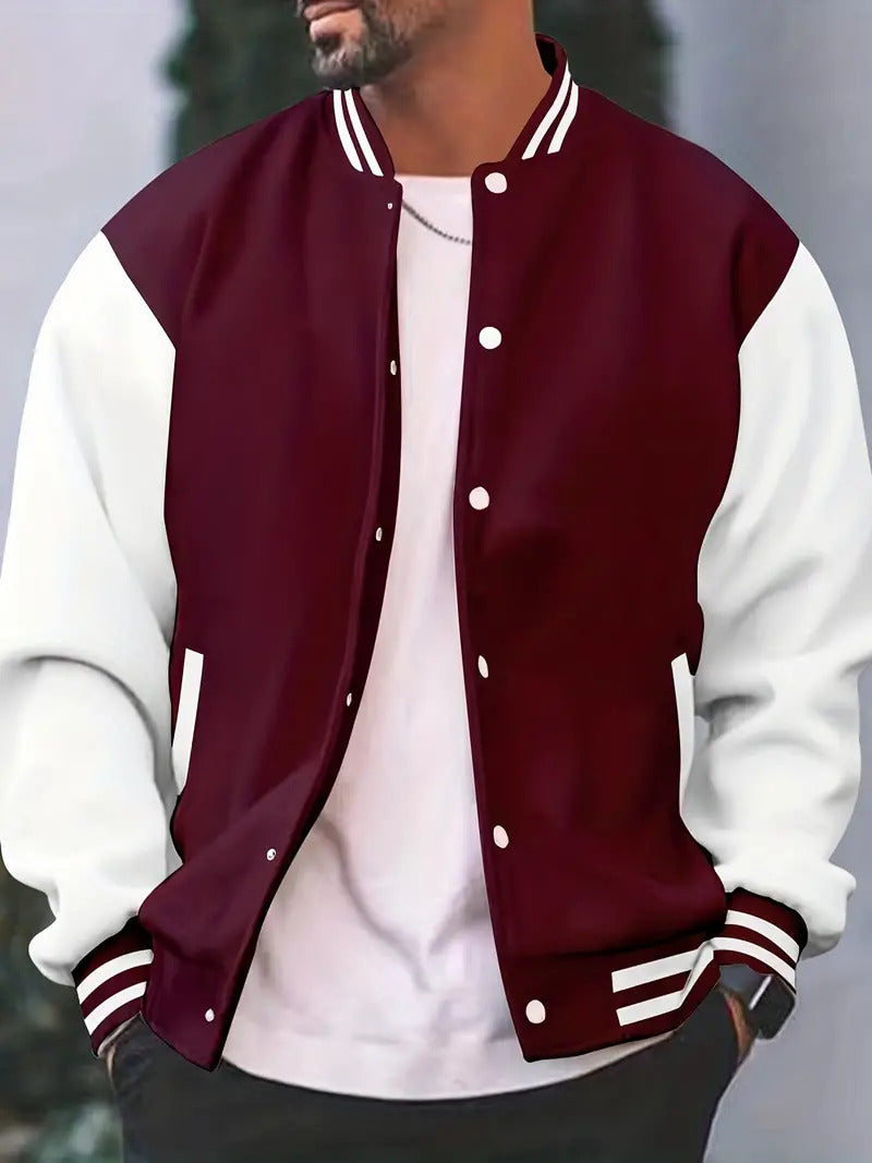 Oak & Coral | Men's Baseball Bomber Jacket with Ribbed Cuffs