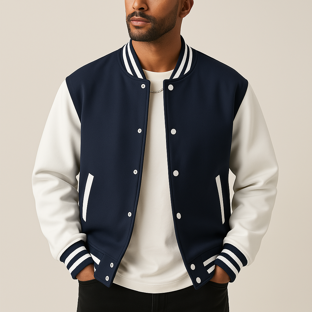 Oak & Coral | Men's Baseball Bomber Jacket with Ribbed Cuffs