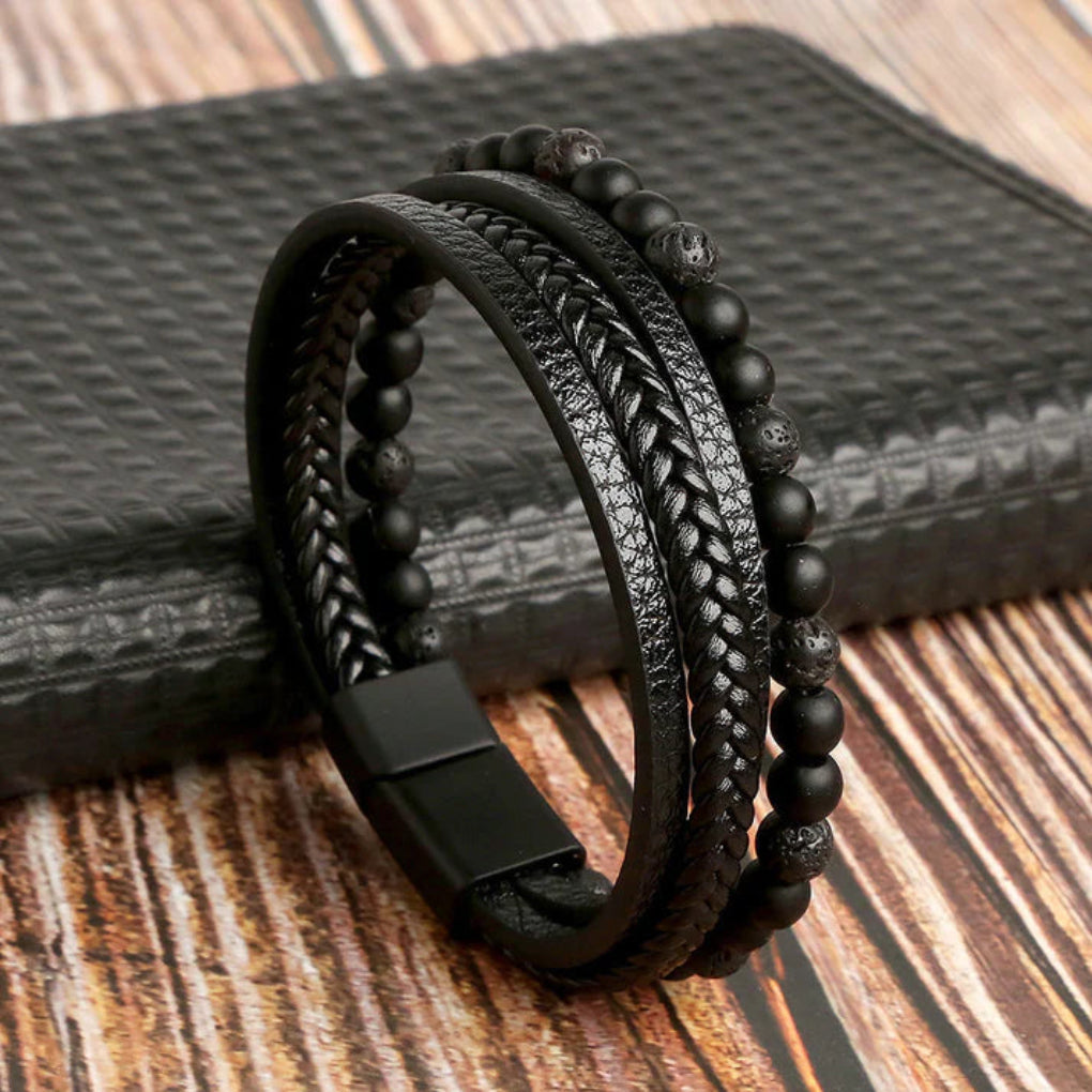 Oak & Coral | Men's Layered Beaded Leather Bracelet