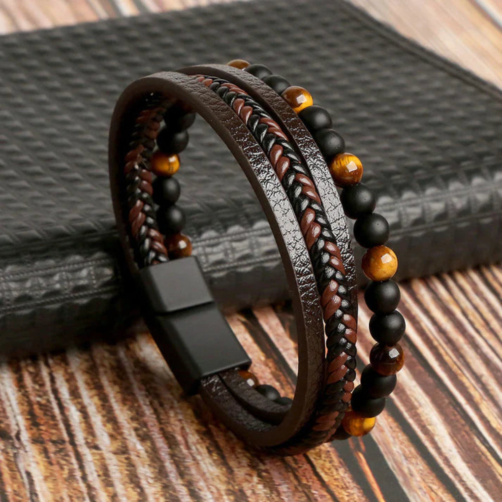 Oak & Coral | Men's Layered Beaded Leather Bracelet