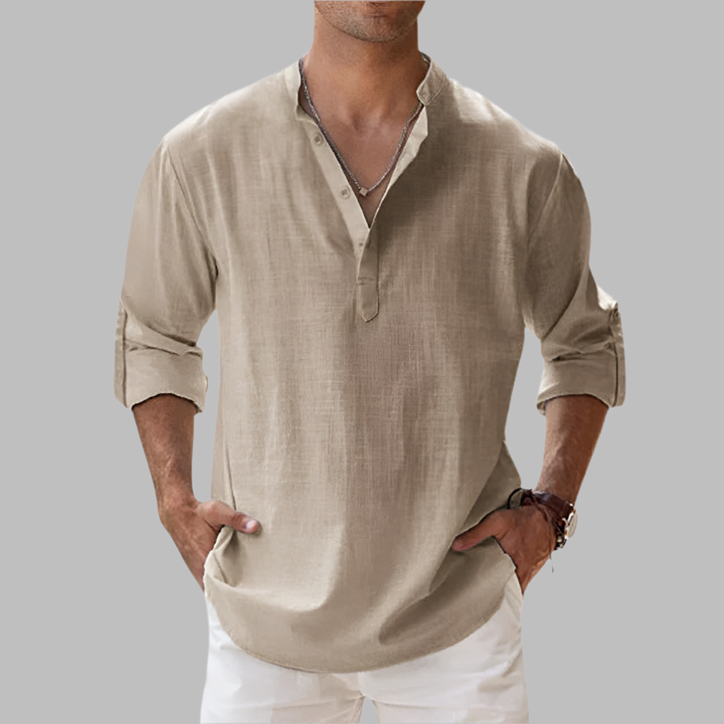 Oak & Coral | Men's Linen Blend V-Neck Shirt with Band Collar
