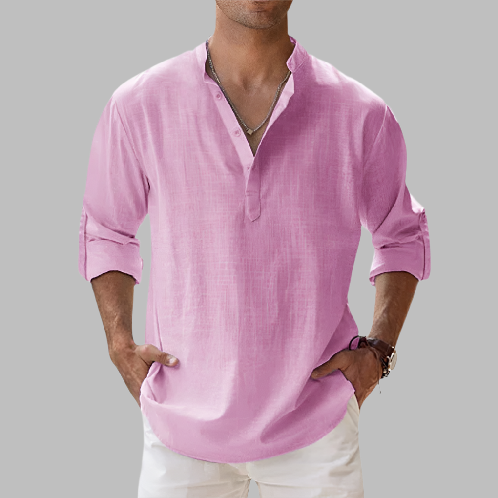 Oak & Coral | Men's Linen Blend V-Neck Shirt with Band Collar