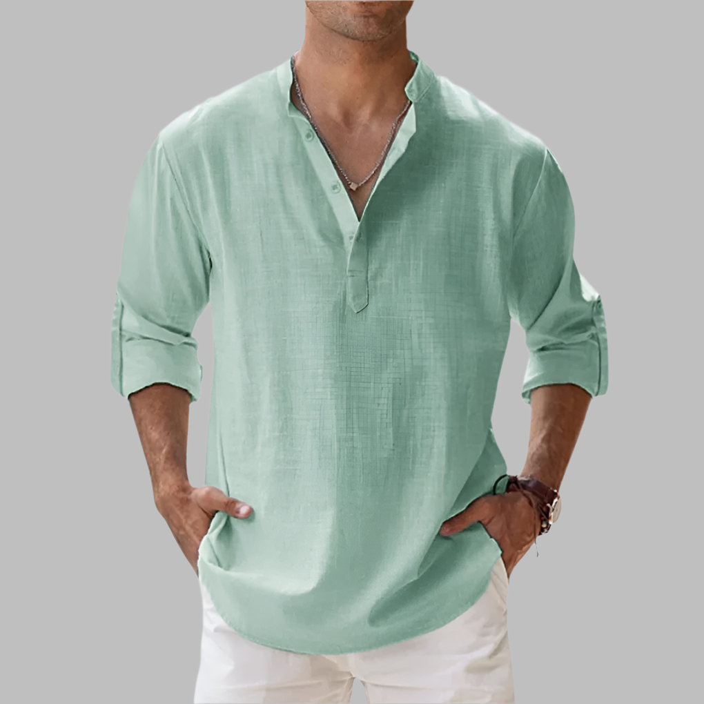 Oak & Coral | Men's Linen Blend V-Neck Shirt with Band Collar