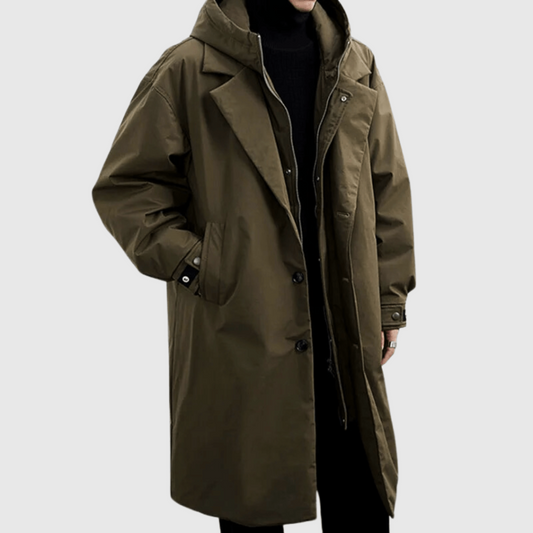 Oak & Coral | Men's Long Trench Coat with Detachable Hood