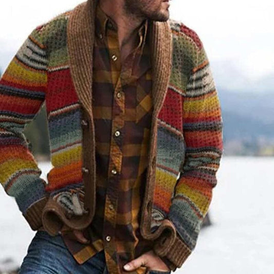 Oak & Coral | Men's Shawl Collar Cardigan - Multicolor Striped Knit