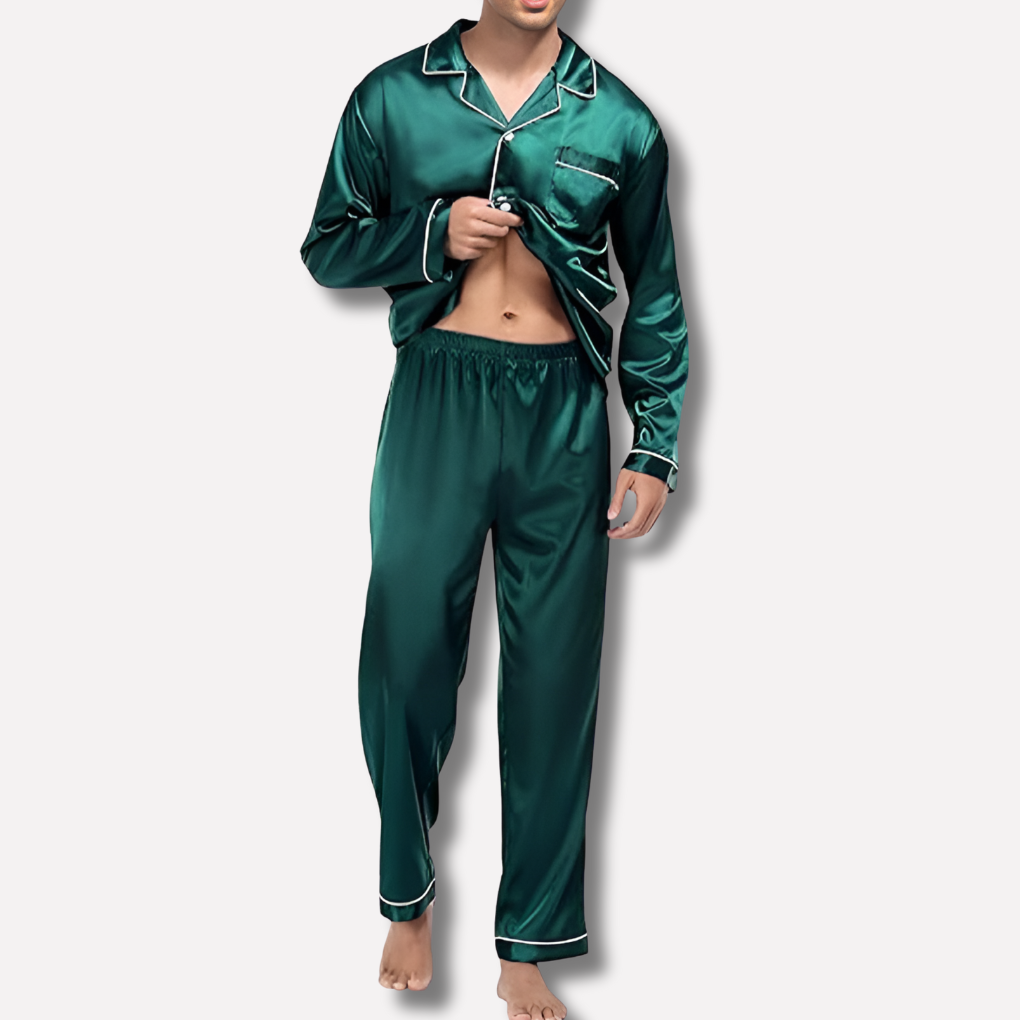 Oak & Coral | Men's Silk Pajama Set with Piping Detail
