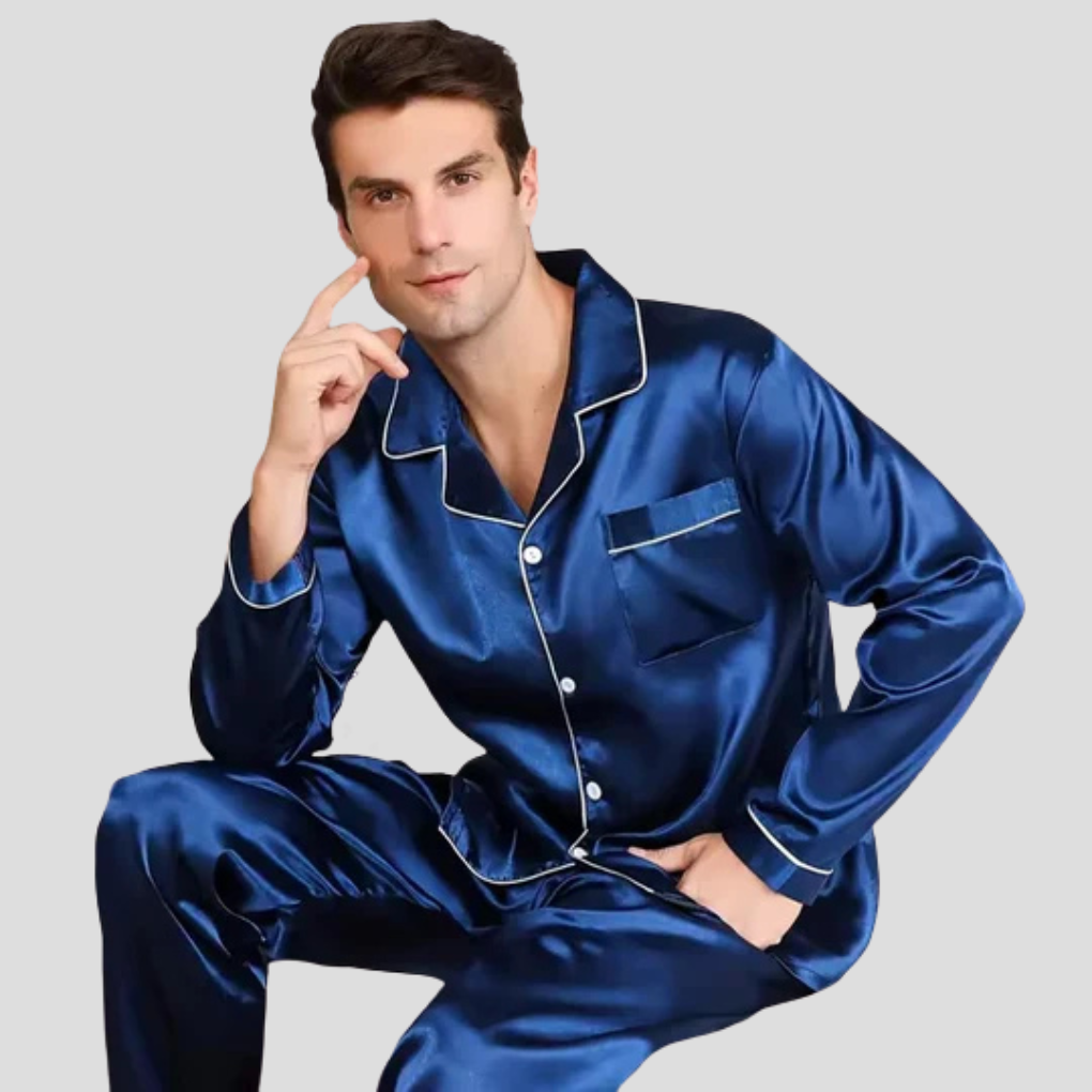 Oak & Coral | Men's Silk Pajama Set with Piping Detail