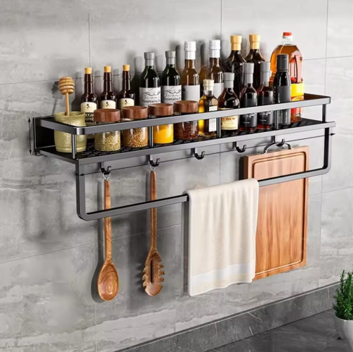 Oak & Coral | Metal Wall Shelf for Kitchen | Space-Saving Storage | Black