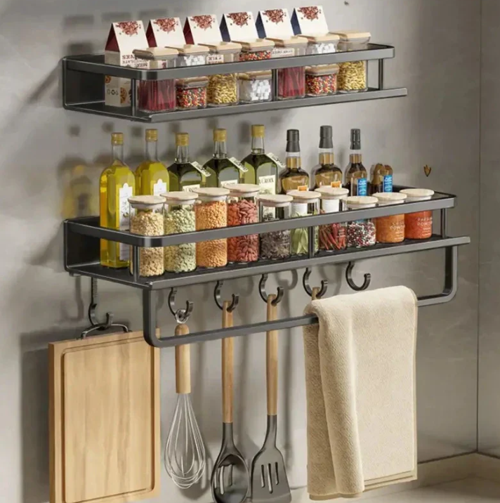 Oak & Coral | Metal Wall Shelf for Kitchen | Space-Saving Storage | Black