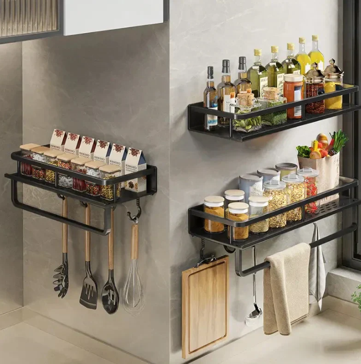Oak & Coral | Metal Wall Shelf for Kitchen | Space-Saving Storage | Black