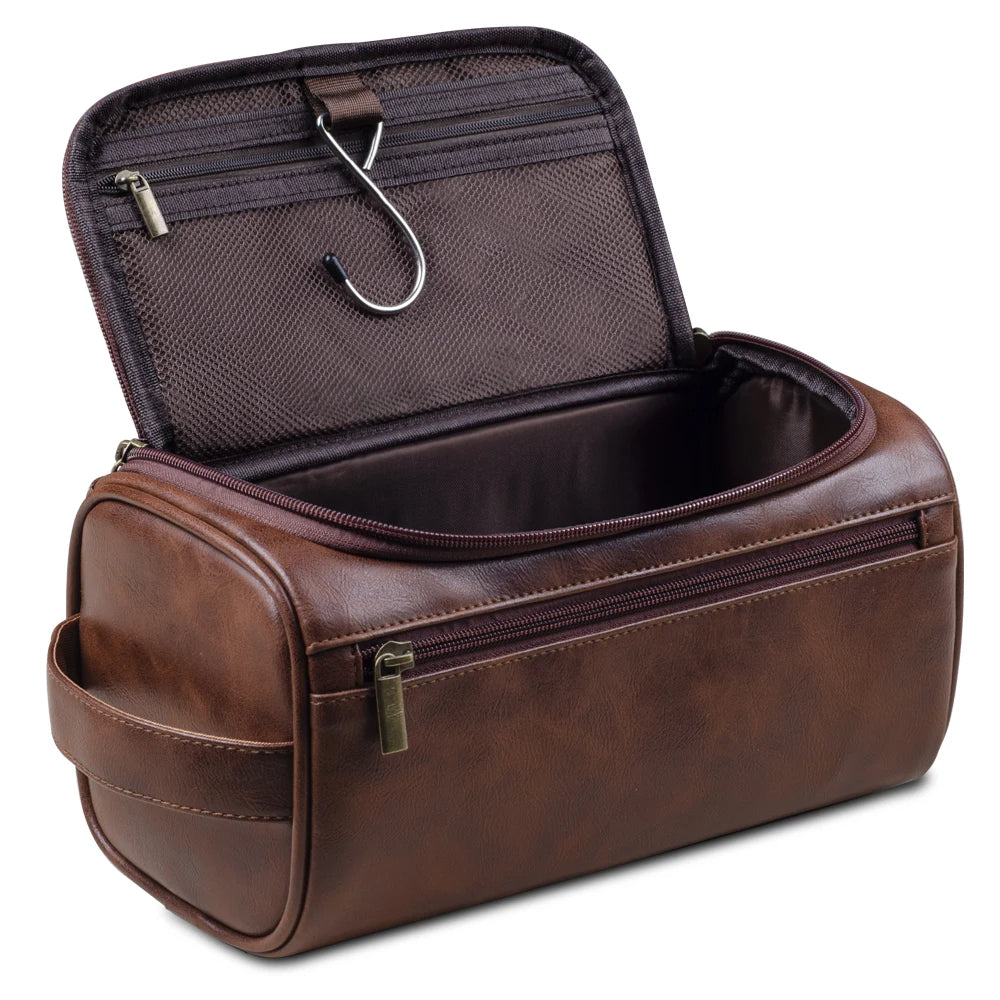Oak & Coral | Premium Leather Toiletry Bag | Three-Layer Water-Repellent Design | Integrated Metal Hook for Hanging | 25x13x13 cm | Compact Travel Organizer with Quick Access Pocket