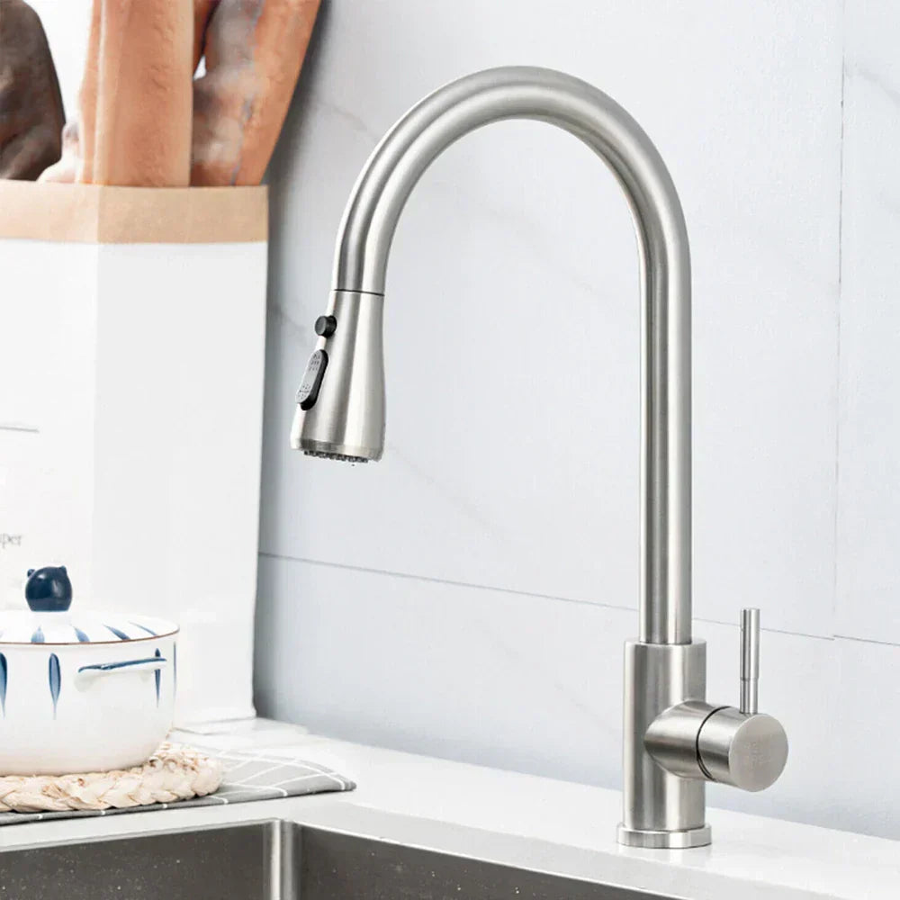 Oak & Coral | Pull-Out Faucet with Single Lever Mixer – Flexible Faucet with Shower Function, High Quality Stainless Steel, Ideal for Modern Kitchens, Easy Installation