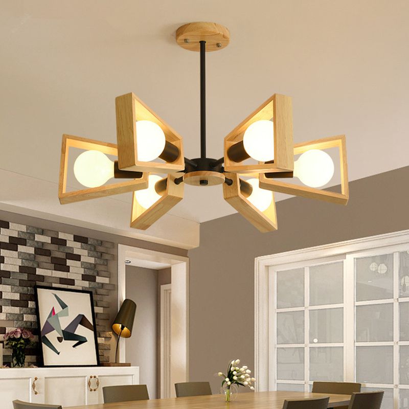 Oak & Coral | Sputnik Chandelier Made of Wood | Modern Geometric Design