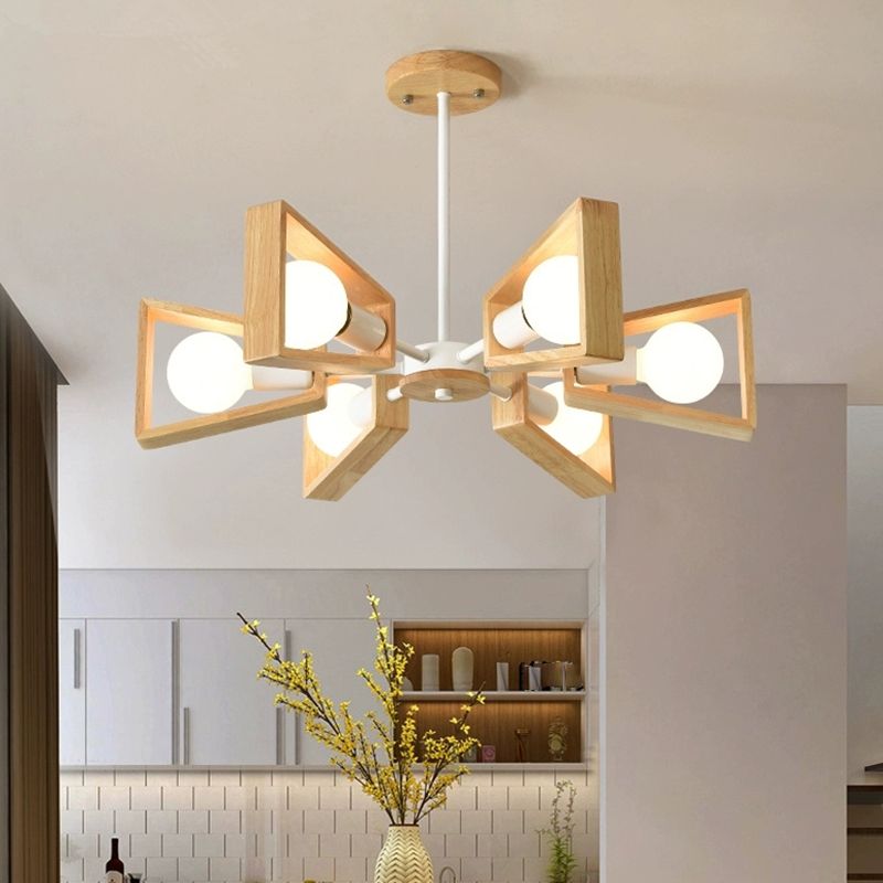 Oak & Coral | Sputnik Chandelier Made of Wood | Modern Geometric Design