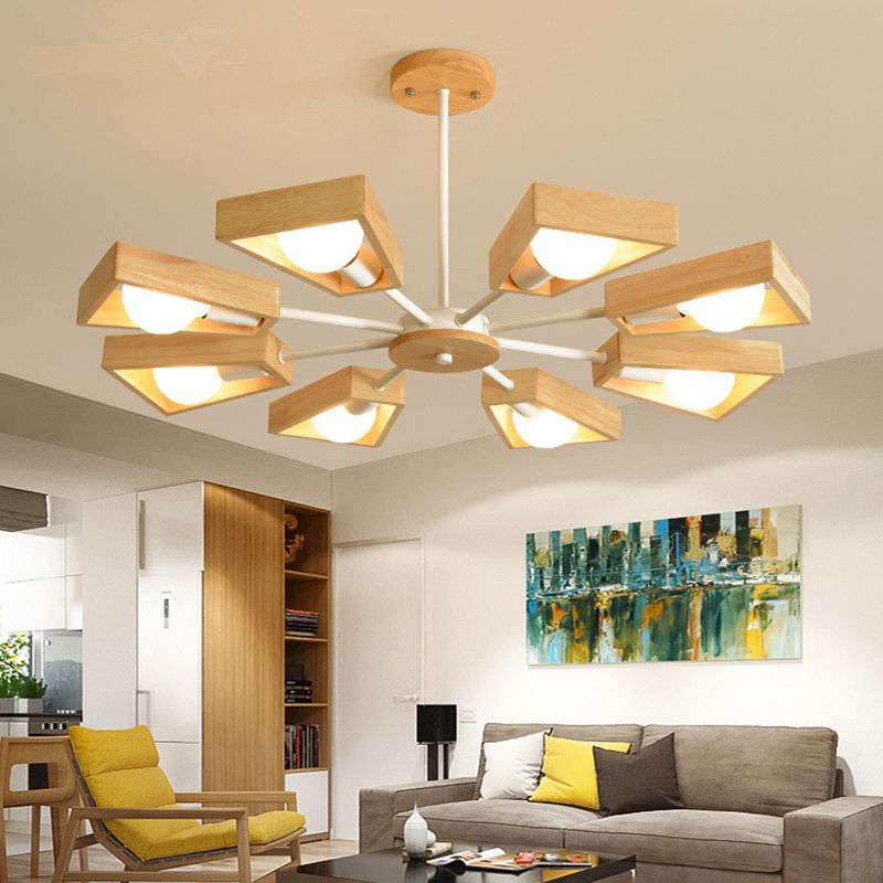 Oak & Coral | Sputnik Chandelier Made of Wood | Modern Geometric Design