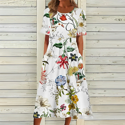 Oak & Coral - Stylish White Dress with Floral Pattern