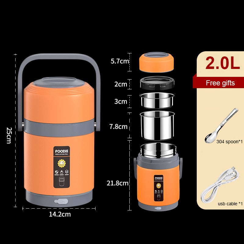 Oak & Coral | USB Heated Lunch Box | 304 Stainless Steel, Portable Food Warmer