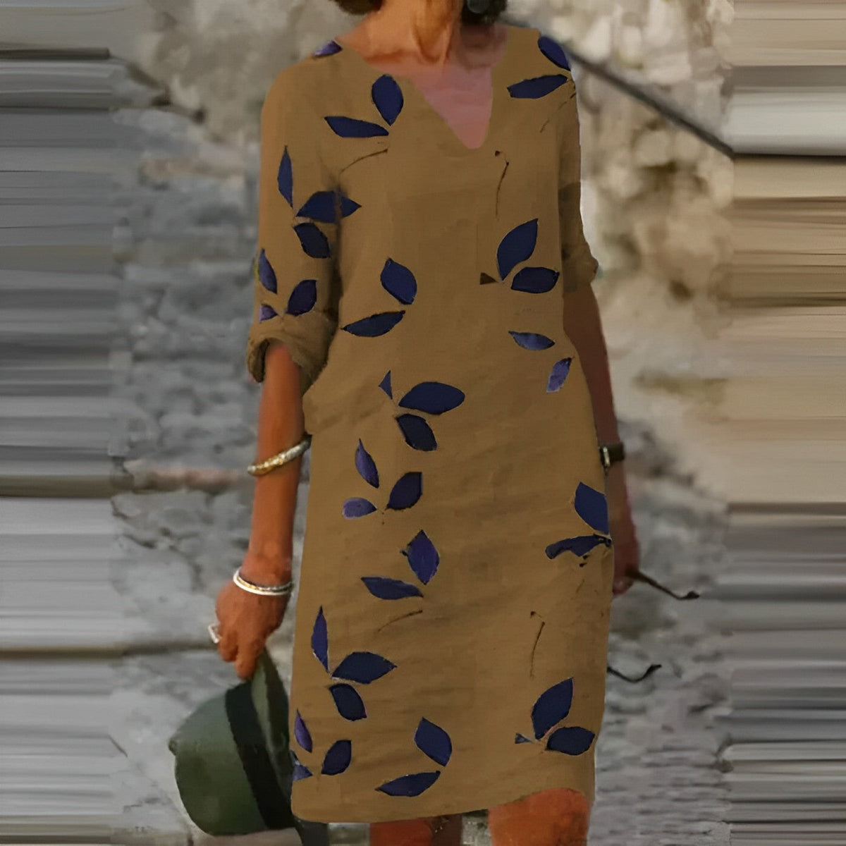 Oak & Coral | Women's A-line Midi Dress with Leaf Print
