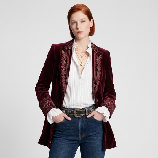 Oak & Coral | Women's Embroidered Velvet Longline Blazer