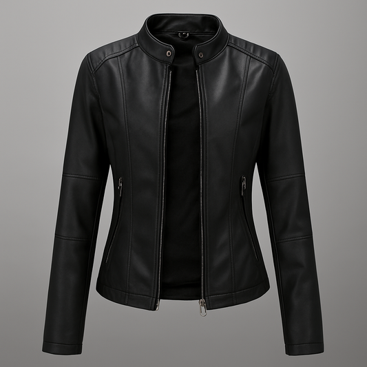 Oak & Coral | Women's Faux Leather Moto Jacket with Stand Collar