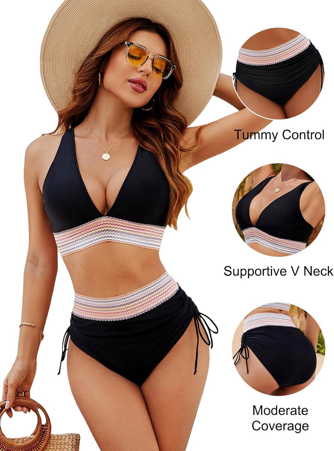 Oak & Coral | Women's High-Waisted Bikini with Chevron Trim