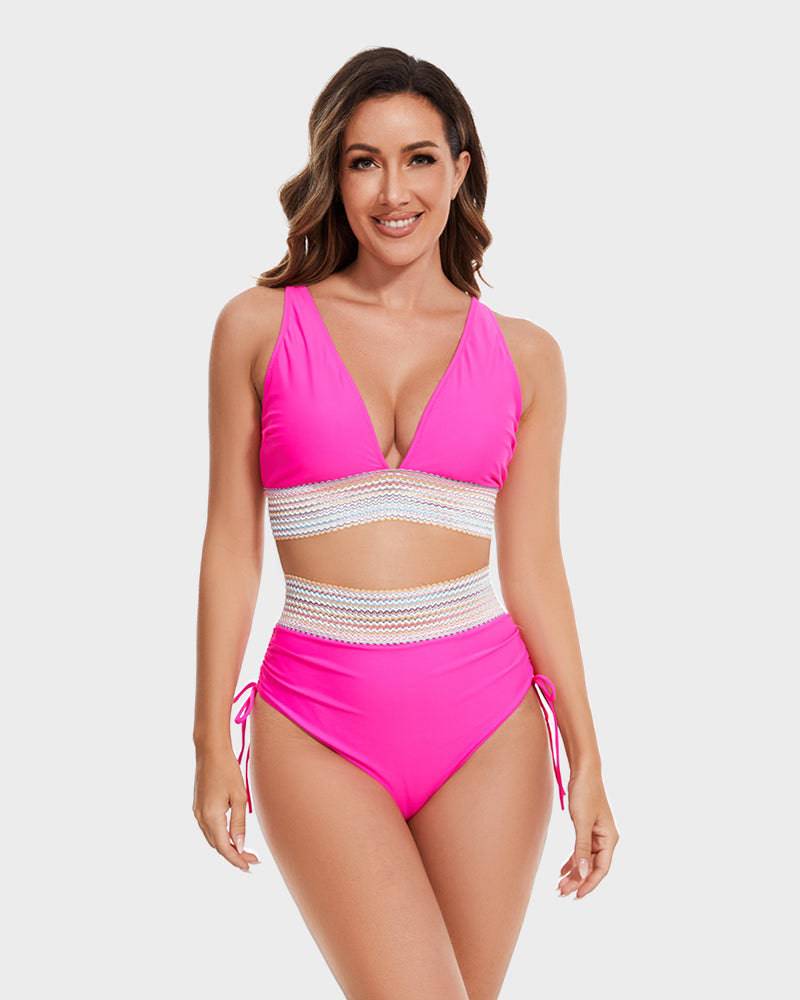 Oak & Coral | Women's High-Waisted Bikini with Chevron Trim