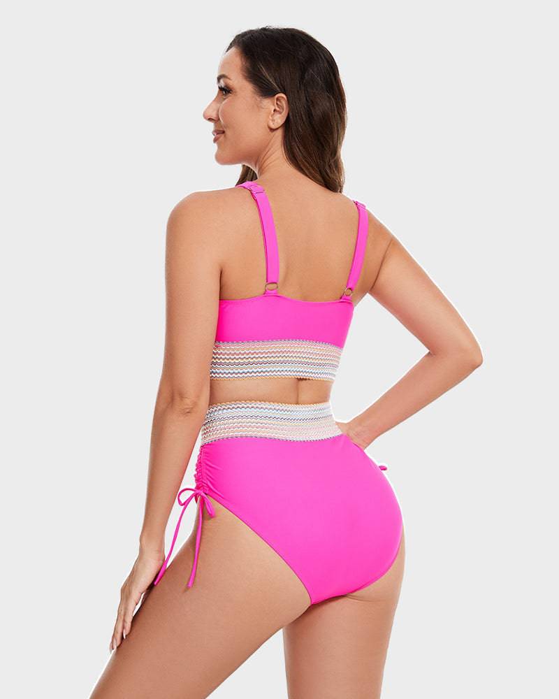 Oak & Coral | Women's High-Waisted Bikini with Chevron Trim