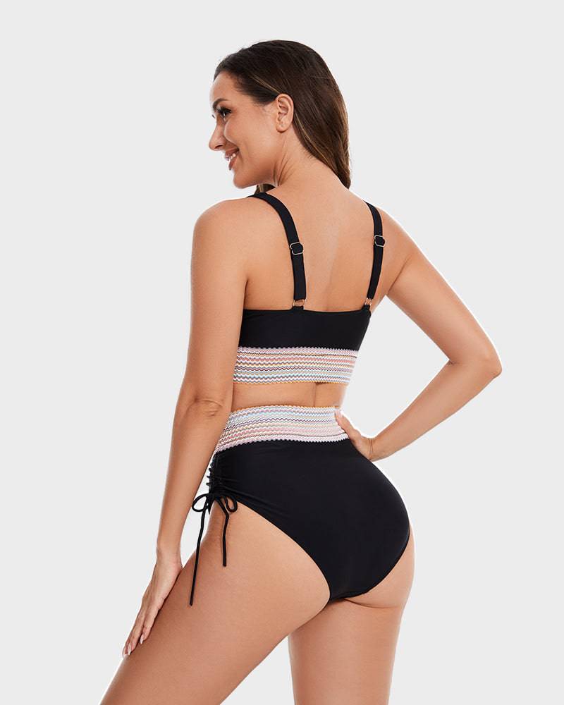 Oak & Coral | Women's High-Waisted Bikini with Chevron Trim