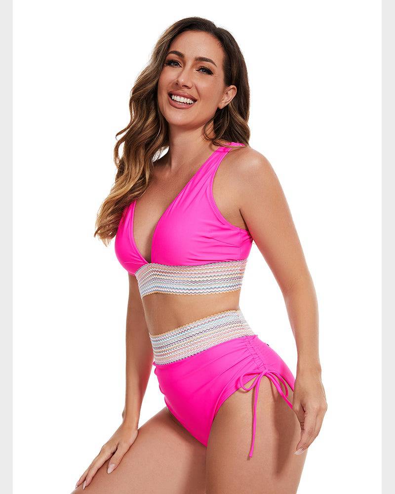 Oak & Coral | Women's High-Waisted Bikini with Chevron Trim