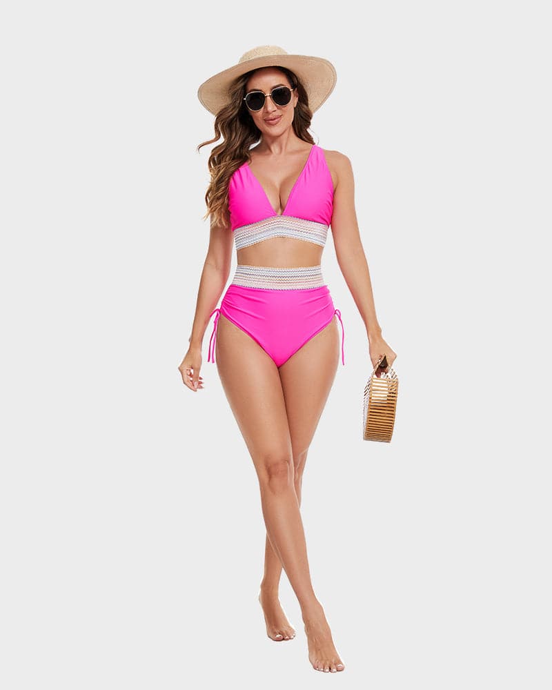 Oak & Coral | Women's High-Waisted Bikini with Chevron Trim