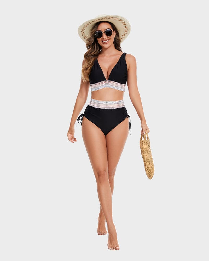 Oak & Coral | Women's High-Waisted Bikini with Chevron Trim