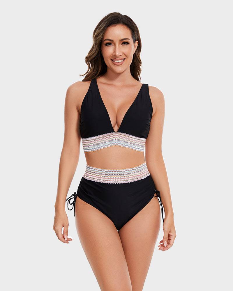 Oak & Coral | Women's High-Waisted Bikini with Chevron Trim