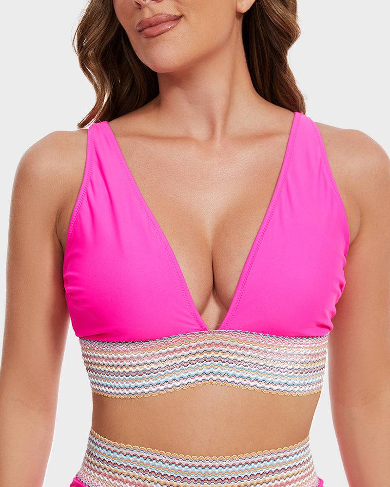 Oak & Coral | Women's High-Waisted Bikini with Chevron Trim