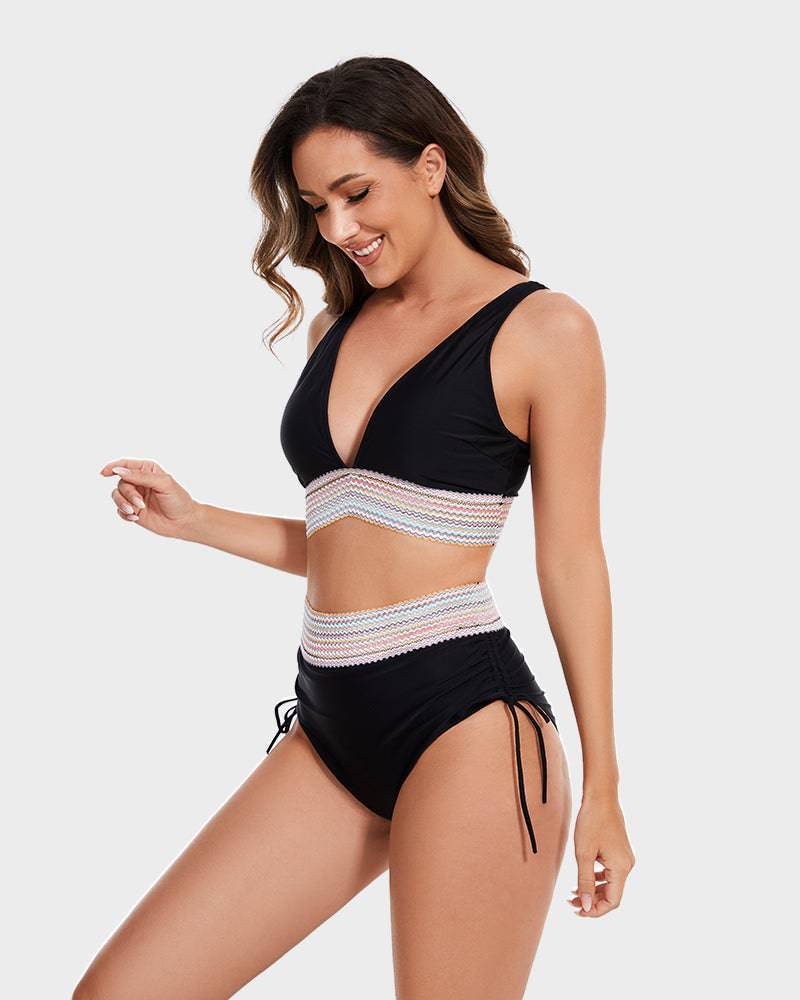 Oak & Coral | Women's High-Waisted Bikini with Chevron Trim