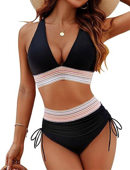 Oak & Coral | Women's High-Waisted Bikini with Chevron Trim