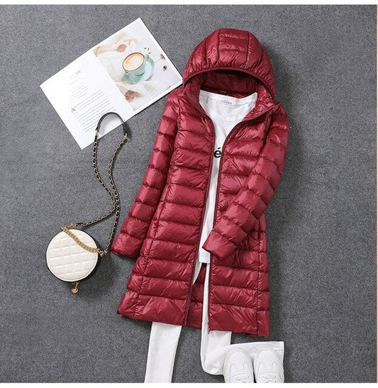 Oak & Coral | Women's Long Down Puffer Jacket with Hood