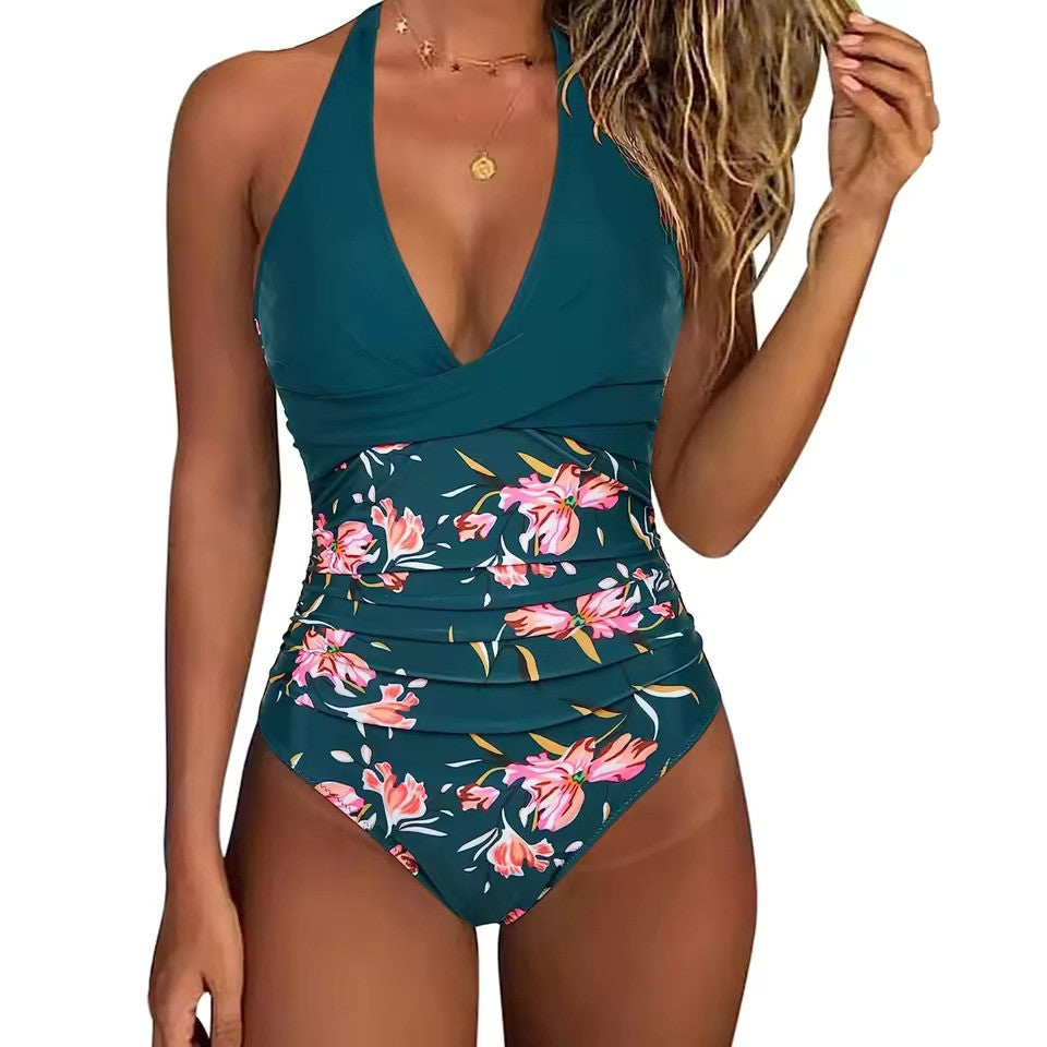 Oak & Coral | Women's One-Piece Swimsuit Halter Neck Tropical Print