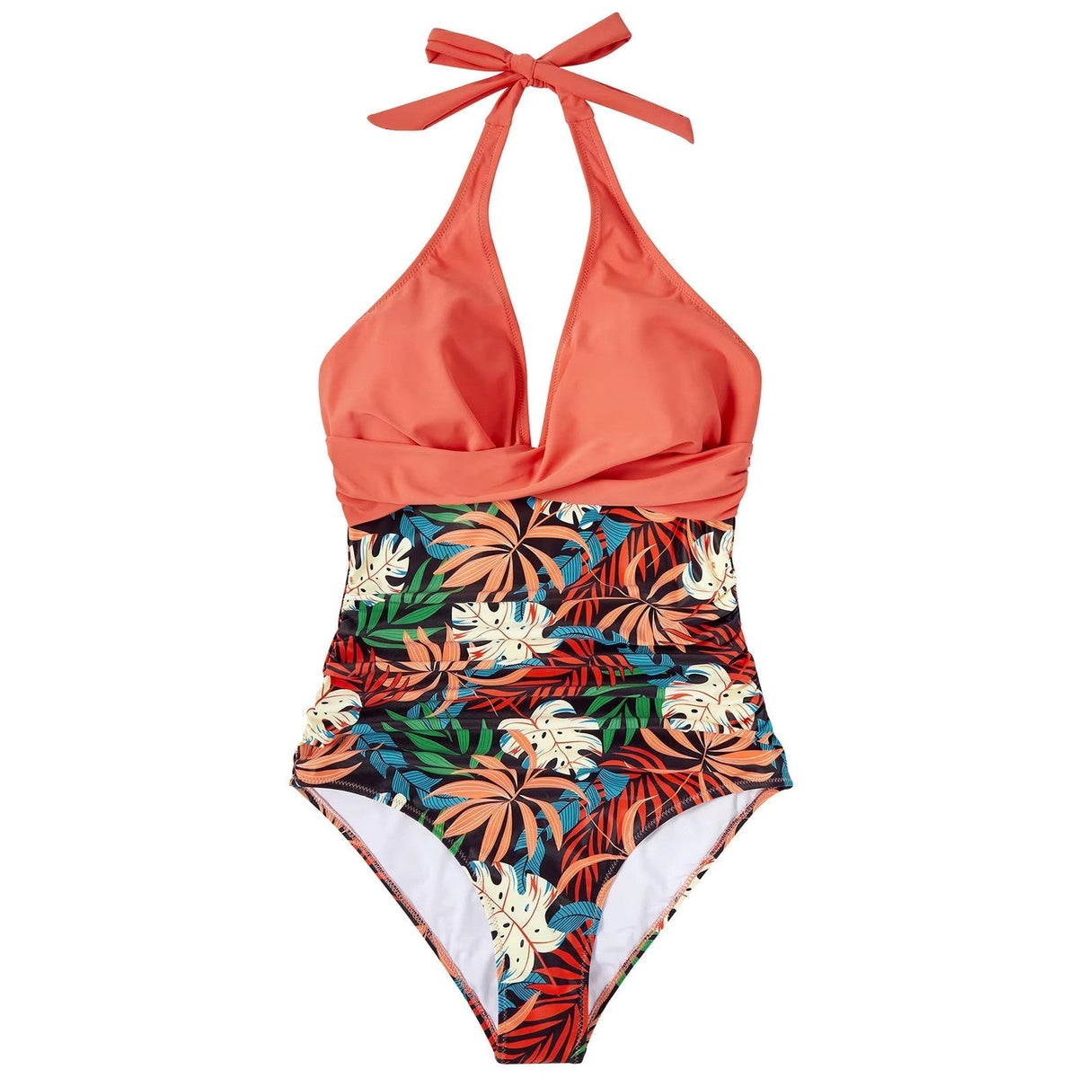 Oak & Coral | Women's One-Piece Swimsuit Halter Neck Tropical Print