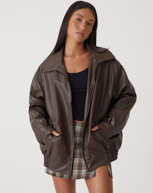 Oak & Coral | Women's Oversized Faux Leather Bomber Jacket