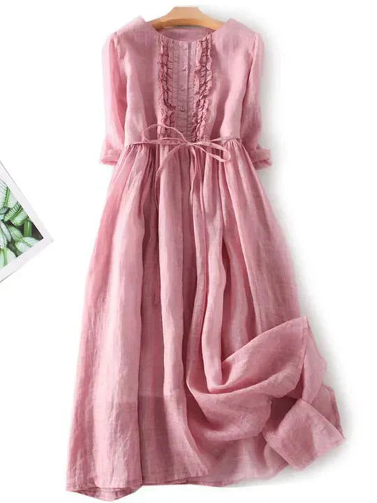 Oak & Coral | Women's Ruffled Button Midi Dress with Tie Waist