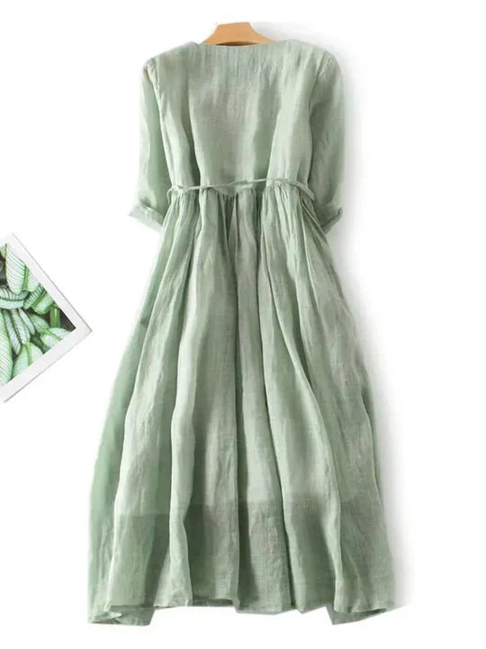 Oak & Coral | Women's Ruffled Button Midi Dress with Tie Waist