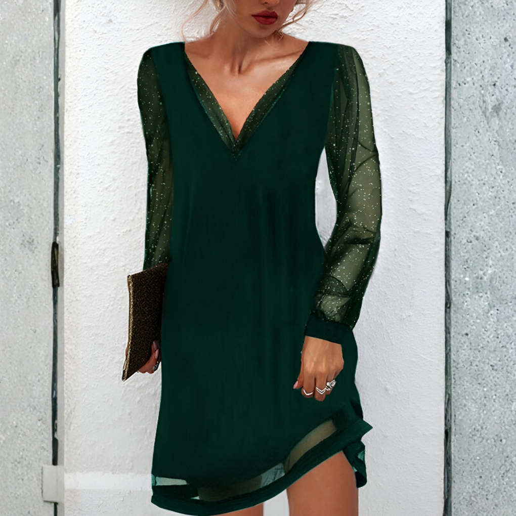 Oak & Coral | Women's Sheer Sleeve V-Neck Mini Dress