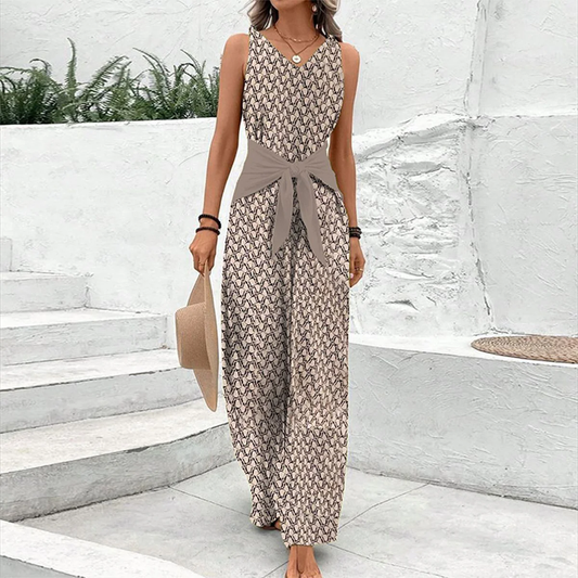Oak & Coral | Women's Sleeveless Wide-Leg Jumpsuit with V-Neck and Tie Waist